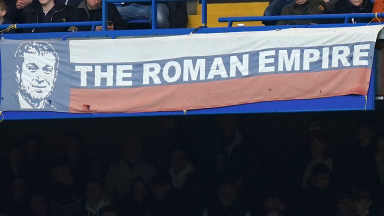 A Roman Abramovich banner at Stamford Bridge