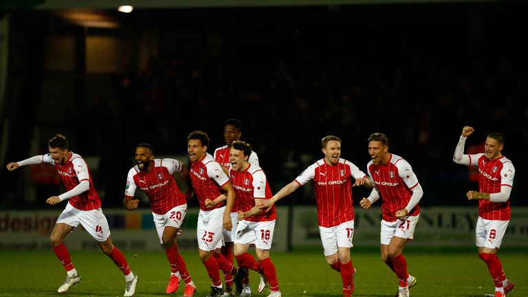 Rotherham United players celebrate after winning during the Papa John's Trophy semi final match at Victoria Park, Hartlepool. Picture date: Wednesday March 9, 2022.