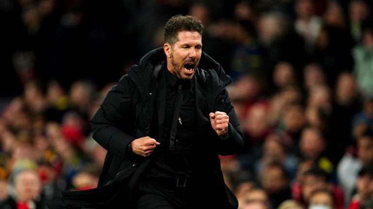 Atletico Madrid Diego Simeone runs off in celebration after the UEFA Champions League round of sixteen second leg match at Old Trafford, Manchester. Picture date: Tuesday March 15, 2022.