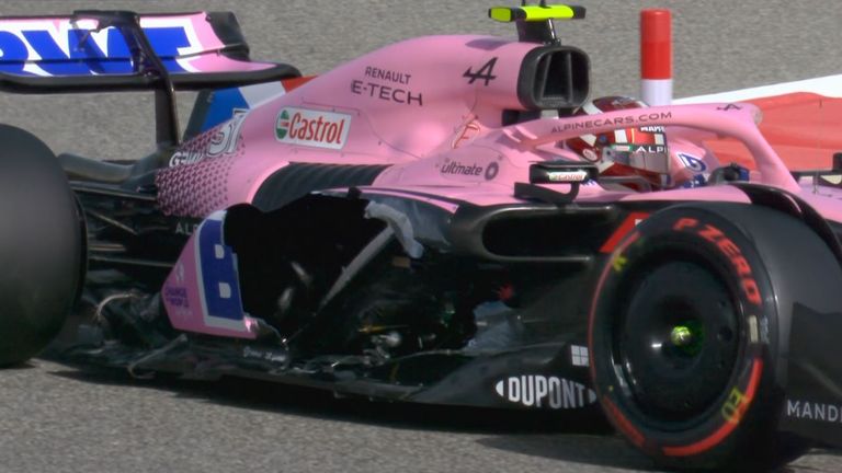 Esteban Ocon&#39;s sidepod on his Alpine disintegrated early in Bahrain GP Practice