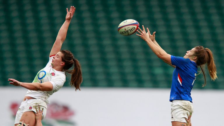 France skipper Gaelle Hermet claims a lineout ball vs England - the French will look to put real pressure on the defending champions this year 