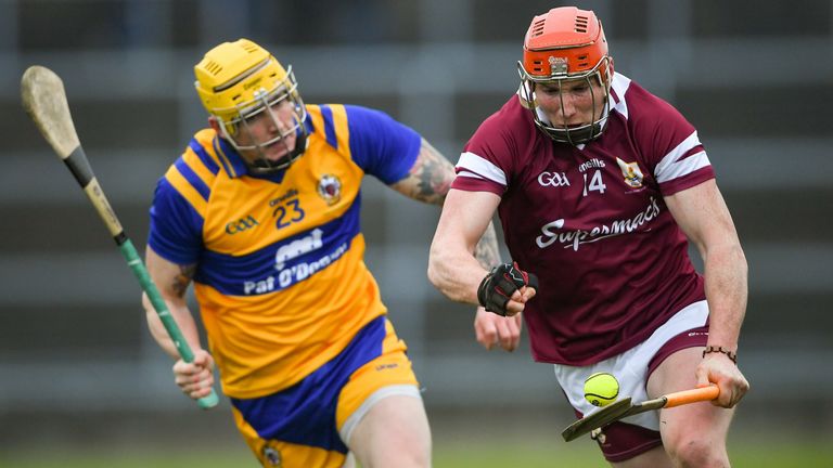 20 March 2022; Conor Whelan of Galway in action against Aaron Fitzgerald of Clare during the Allianz Hurling League Division 1 Group A match between Galway and Clare at Pearse Stadium in Galway. Photo by Ray Ryan/Sportsfile
