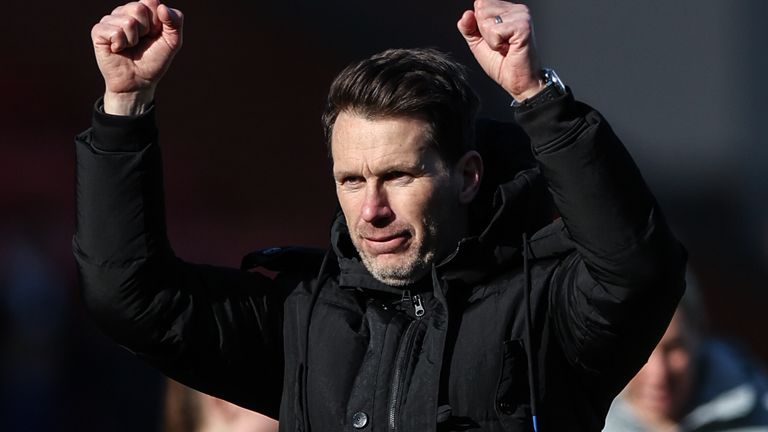 LEIGH, ENGLAND - FEBRUARY 27: Manchester City's Gareth Taylor celebrates victory following the Vitality Women's FA Cup Fifth Round match between Manchester United and Manchester City at Leigh Sports Village on February 27, 2022 in Leigh, England. (Photo by Lynne Cameron - Manchester City/Manchester City FC via Getty Images)