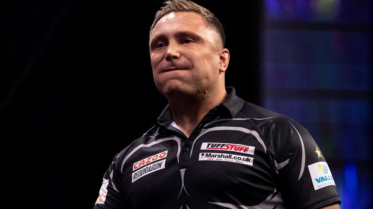 Gerwyn Price reacting in the quarter finals during the walk on during the 2022 Cazoo Premier League in Exeter. Photo credit should read: Steven Paston/PDC ..RESTRICTIONS: Use subject to restrictions. Editorial use only, no commercial use without prior consent from rights holder.