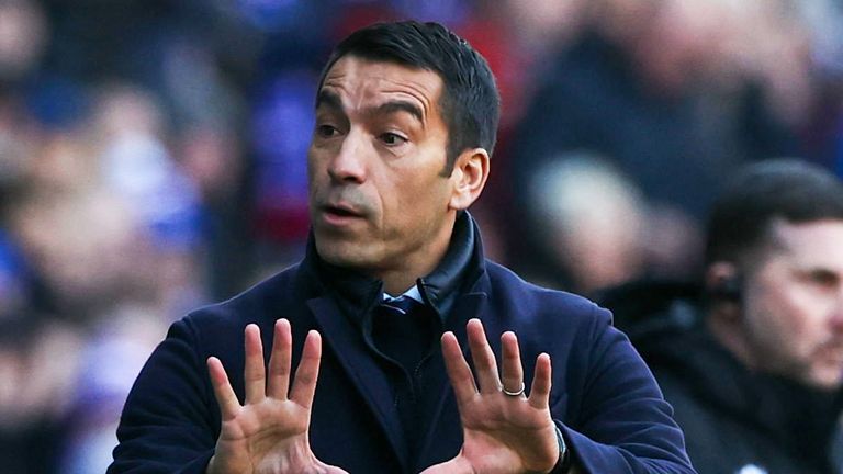 GLASGOW, SCOTLAND - FEBRUARY 27: Rangers Manager Giovanni van Bronckhorst during a Cinch Premiership match between Rangers and Motherwell at Ibrox Stadium, on February 27, in Glasgow, Scotland.  (Photo by Craig Williamson / SNS Group)