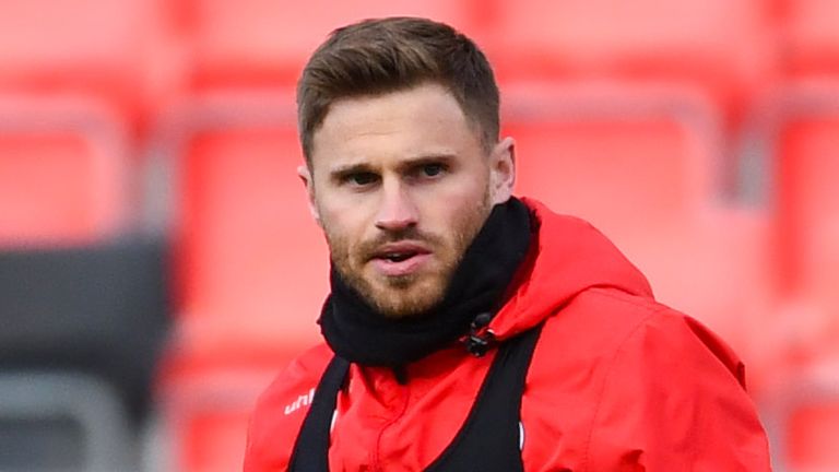 CUMBERNAULD, SCOTLAND - MAY 06: Clyde&#39;s David Goodwillie warms up before a Scottish League One match between Clyde and East Fife at Broadwood Stadium, on May 06, 2021, in Cumbernauld, Scotland. (Photo by Ross MacDonald / SNS Group)