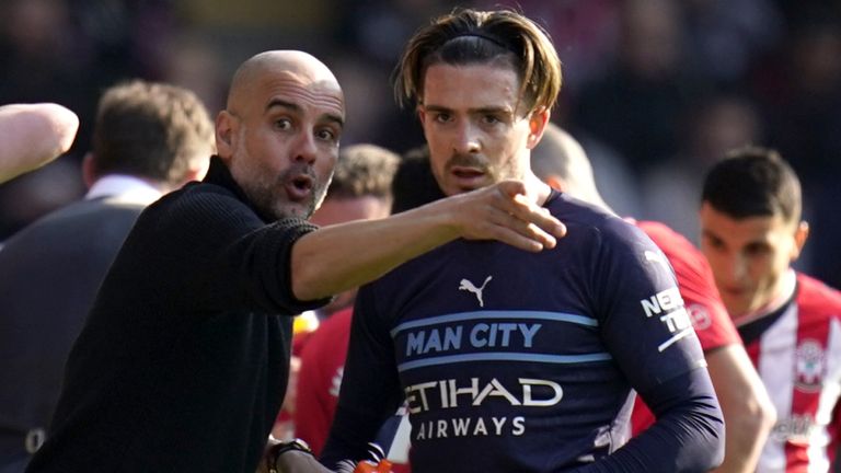 Pep Guardiola issues instructions to Jack Grealish during Man City&#39;s FA Cup quarter-final win at Southampton