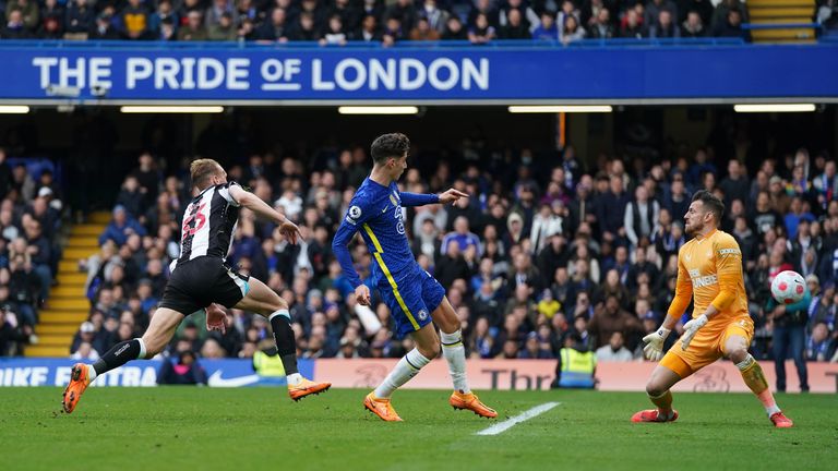 Kai Havertz (right) gets past Dan Burn to score Chelsea&#39;s winner against Newcastle