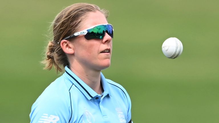 England captain Heather Knight warms up ahead of the ICC Women...s Cricket World Cup 2022 cricket match between England and Australia at Seddon Park in Hamilton, New Zealand, Saturday, March. 5, 2022. (Andrew Cornaga/Photosport via AP)