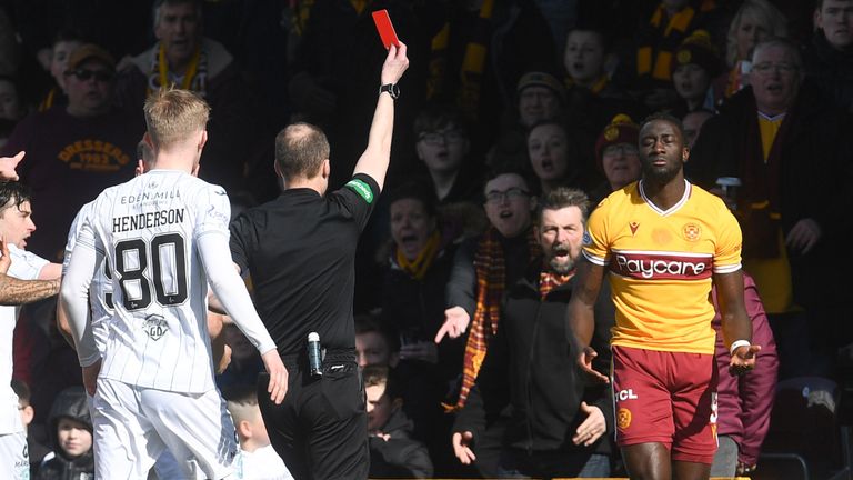 Bevis Mugabe is sent off by referee Willie Collum