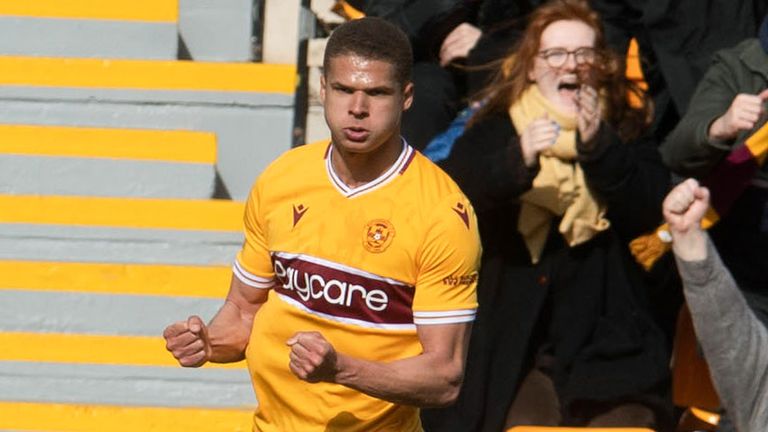 Motherwell's Joe Efford celebrates after pulling a goal back