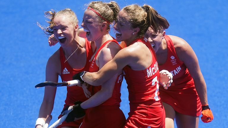 Hollie Pearne-Webb celebrates scoring a goal during last year&#39;s Olympic Games