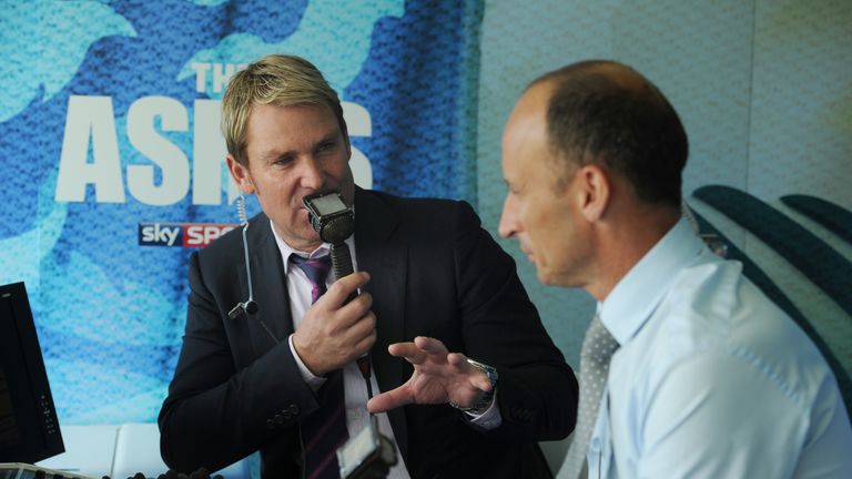 Sky Television Cricket Commentators Shane Warne and Nasser Hussain during Day One of the 2nd Investec Ashes Test between England and Australia at Lord&#39;s Cricket Ground in London, UK. 