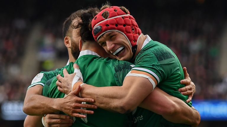 Ireland celebrate beating 14-man England at Twickenham to stay in the Six Nations title hunt