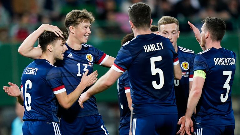 Jack Hendry is congratulated after giving Scotland the lead in Austria
