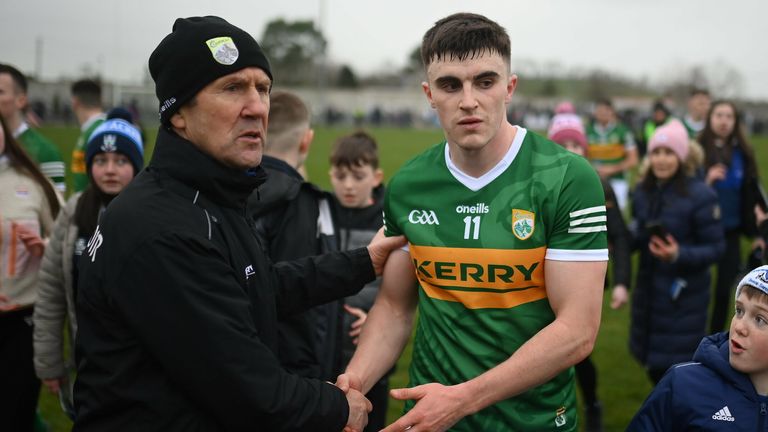 27 February 2022; Kerry manager Jack O'Connor and Se..n O...Shea after the Allianz Football League Division 1 match between Monaghan and Kerry at Inniskeen Grattans GAA Club in Monaghan. Photo by Stephen McCarthy/Sportsfile