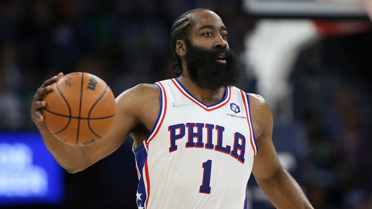 James Harden handles the ball during the second half of the Philadelphia 76ers&#39; clash with the Minnesota Timberwolves in February 2022