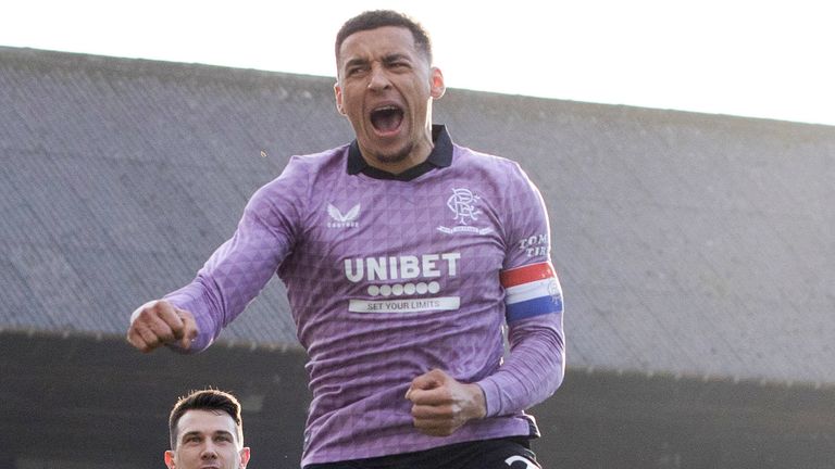 James Tavernier celebrates after his penalty earns Rangers a 2-0 lead over Dundee