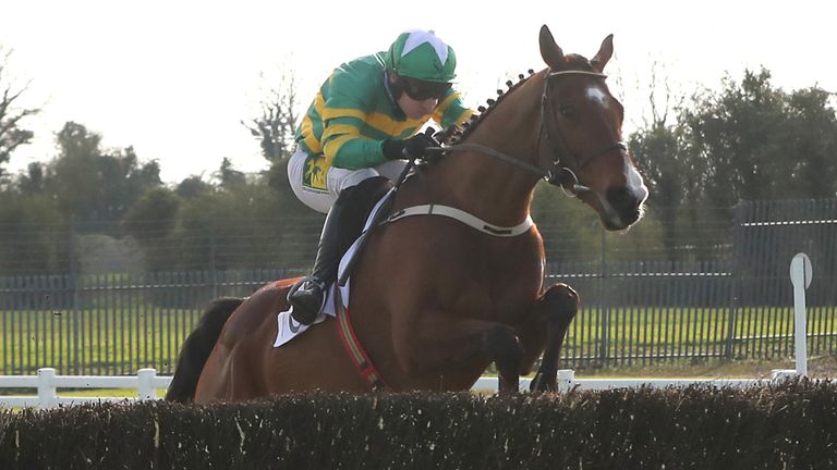 Janidil ridden by jockey Jody McGarvey on their way to winning the Underwriting Exchange Gold Cup Novice Chase during the 2021 Fairyhouse Easter Festival at Fairyhouse 