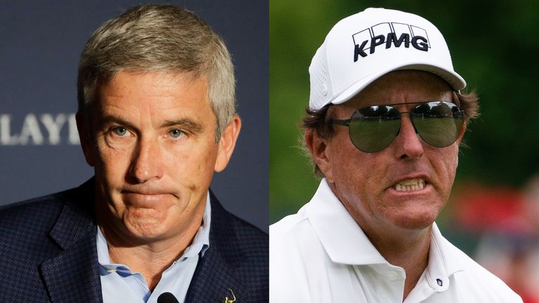 Commissioner of the PGA Tour, Jay Monahan (R) and Phil Mickelson