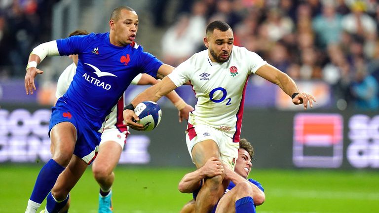 Joe Marchant breaking forwards for England during their loss to Francee