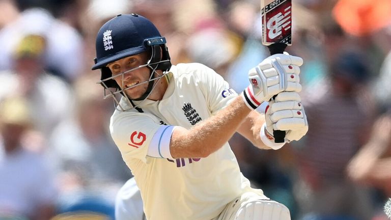 Joe Root drives through the covers on day one of the second Test