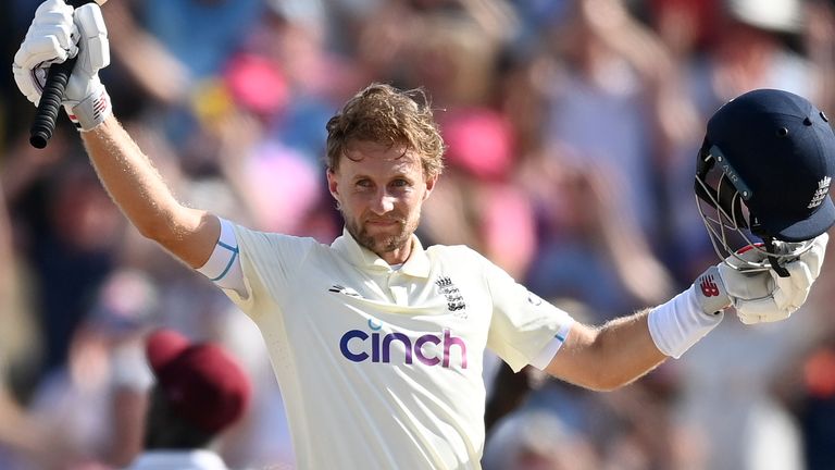 Joe Root celebrates bringing up his 25 Test century for England on day one of the second Test against the West Indies