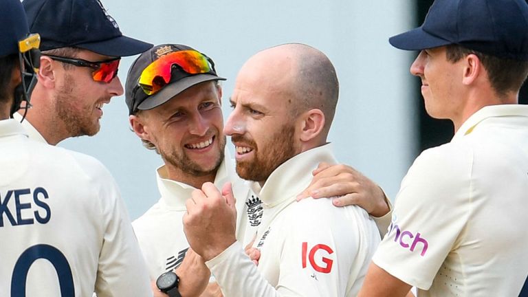 England captain Joe Root celebrates with spinner Jack Leach, who took 3-118 while bowling a staggering 69.5 first-innings overs