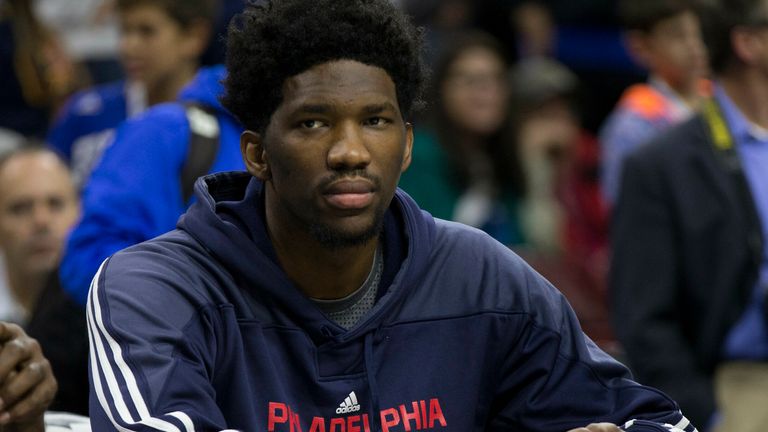 Joel Embiid spent his entire first two years sitting on the sideline, here is pictured during a game against the Cleveland Cavaliers in November 2015
