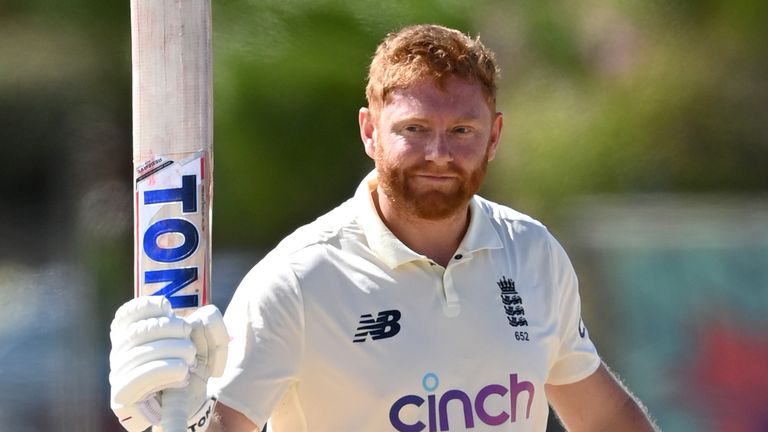 Jonny Bairstow celebrates his century on day two of the warmup game against a Cricket West Indies President's XI in Antigua.