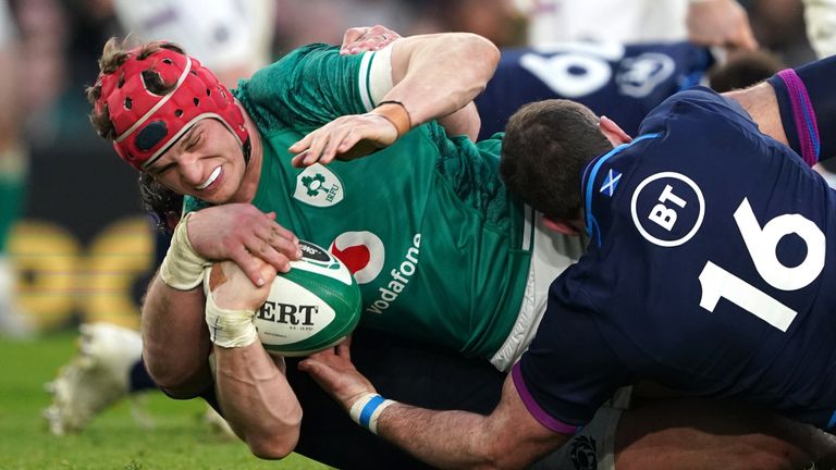 Josh van der Flier goes over for an Irish try at the AVIVA Stadium