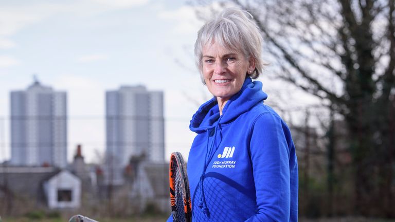 Judy Murray giving children tennis training in Maryhill Park, Glasgow, as part of her work with the Judy Murray Foundation, which is aiming to breathe life into the tennis courts that have been restored by volunteers.
