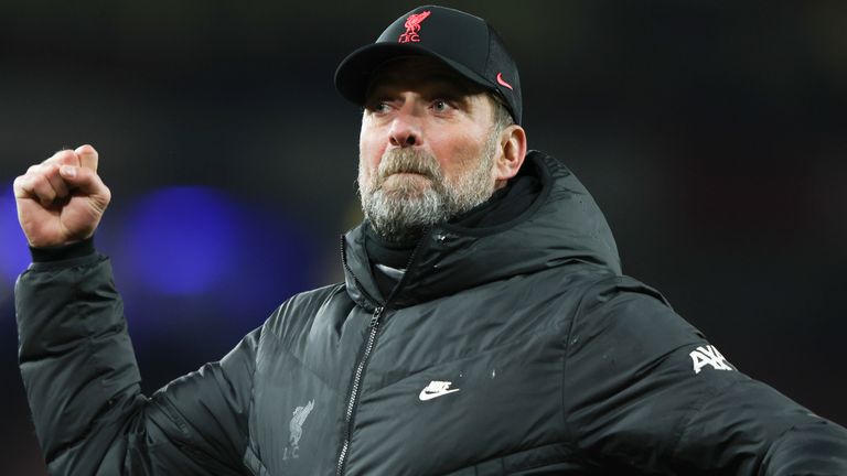 Liverpool...s manager Jurgen Klopp reacts following the English Premier League soccer match between Arsenal and Liverpool at Emirates Stadium in London, Wednesday, March 16, 2022. (AP Photo/Ian Walton)
