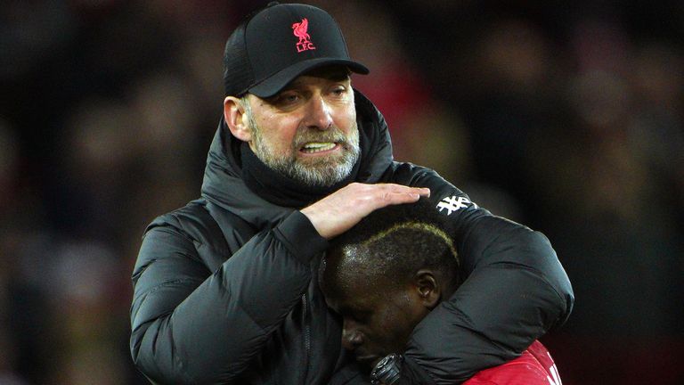 Liverpool manager Jurgen Klopp greets Sadio Mane.