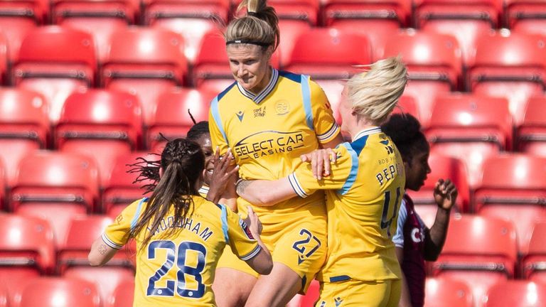 Justine Vanhaevermaet celebrates after opening the scoring from the penalty spot