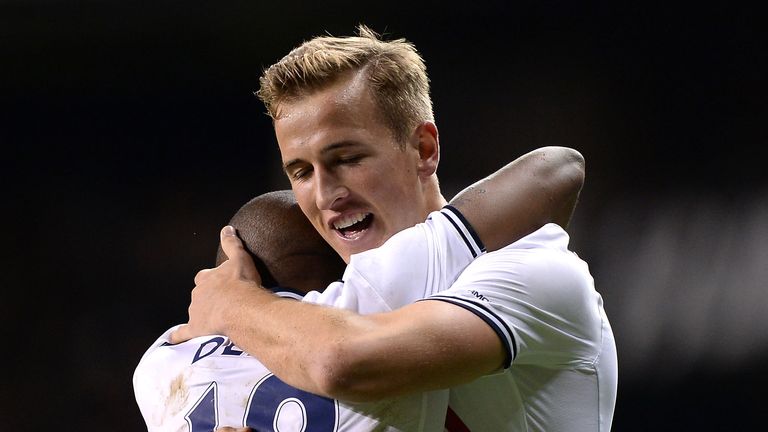 Harry Kane  celebrates with team mate Jermain Defoe during their time together at Tottenham.