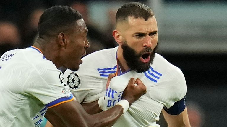 Real Madrid&#39;s David Alaba celebrates with Karim Benzema, right, who scored his side&#39;s first goal