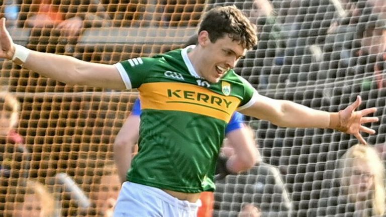 20 March 2022; David Clifford of Kerry celebrates after scoring his side's first goal during the Allianz Football League Division 1 match between Armagh and Kerry at the Athletic Grounds in Armagh. Photo by Ramsey Cardy/Sportsfile