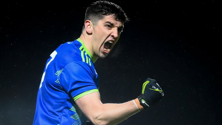 12 March 2022; Tony Brosnan of Kerry celebrates after scoring a second half point during the Allianz Football League Division 1 match between Kerry and Mayo at Austin Stack Park in Tralee, Kerry. Photo by Stephen McCarthy/Sportsfile