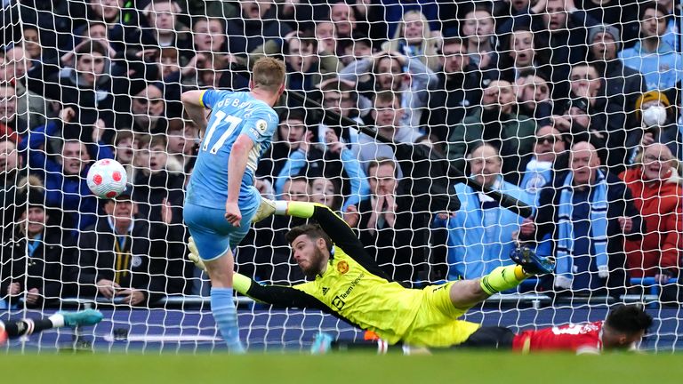 Kevin De Bruyne scores his and Man City&#39;s second goal of the game