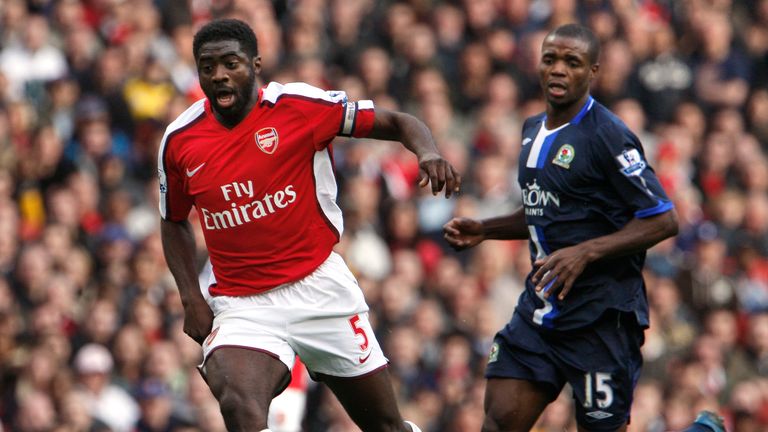 Arsenal's Kolo Toure, left vies for the ball with Blackburn's Aaron Mokoena, right during their English Premier League soccer match at the Emirates stadium in London, Saturday, March 14, 2009.