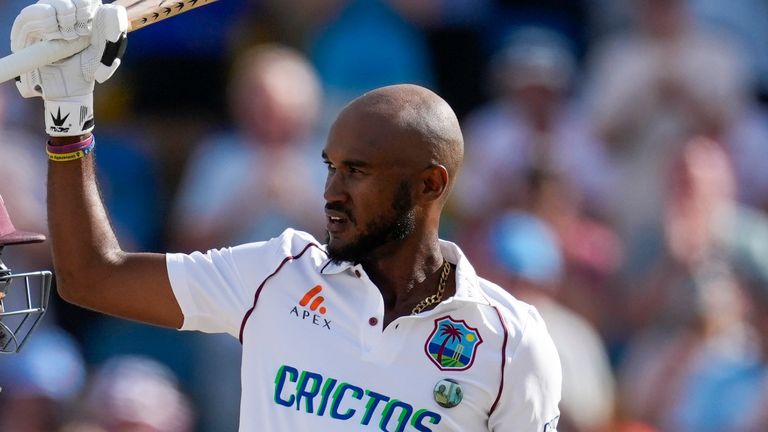 Kraigg Brathwaite celebrates bringing up his 10th Test century and third against England