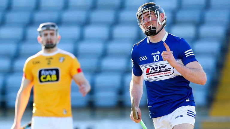 6 March 2022; Paddy Purcell of Laois celebrates after scoring his side's first goal during the Allianz Hurling League Division 1 Group B match between Laois and Antrim at MW Hire O'Moore Park in Portlaoise, Laois. Photo by Michael P Ryan/Sportsfile