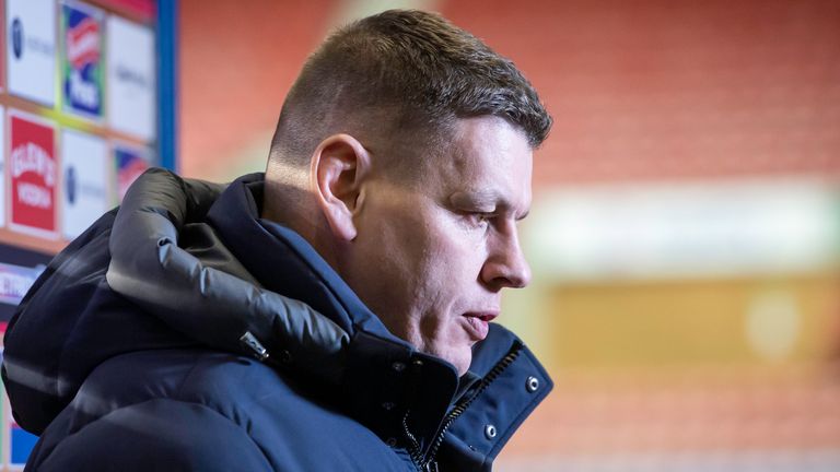 Picture by Allan McKenzie/SWpix.com - 17/03/2022 - Rugby League - Betfred Super League Round 6 - Wigan Warriors v Castleford Tigers - DW Stadium, Wigan, England - Castleford's coach Lee Radford interviewed after his side's loss to Wigan.