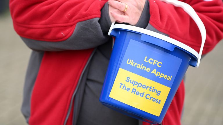 A donation bucket raising funds for the Leicester City Ukraine Appeal