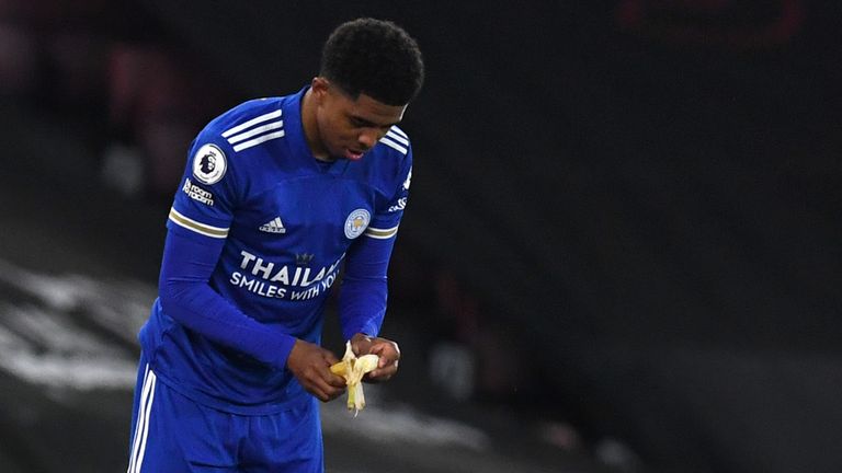 Leicester City's Wesley Fofana breaks his Ramadan fast mid match during the Premier League match at St. Mary's Stadium, Southampton.