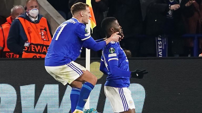 Kelechi Iheanacho celebrates his side&#39;s second goal of the evening