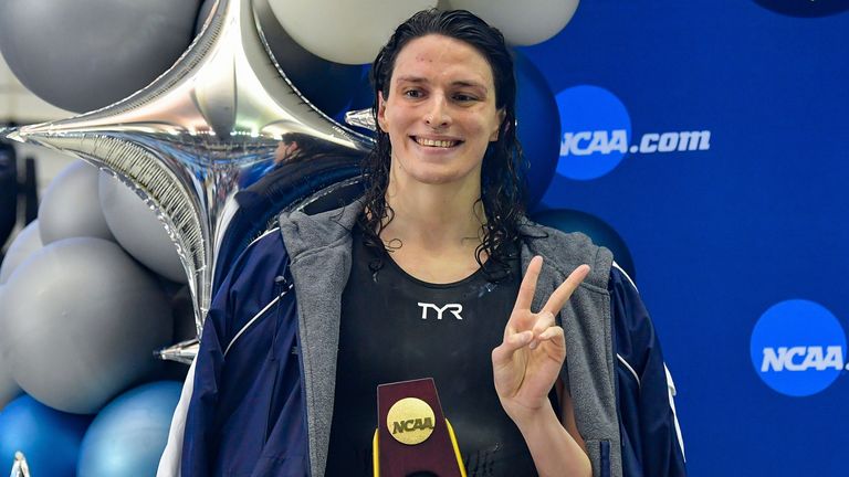 ATLANTA, GA - MARCH 17: University of Pennsylvania swimmer Lia Thomas accepts the winning trophy for the 500 Freestyle finals during the NCAA Swimming and Diving Championships on March 17th, 2022 at the McAuley Aquatic Center in Atlanta Georgia. (Photo by Rich von Biberstein/Icon Sportswire) (Icon Sportswire via AP Images)