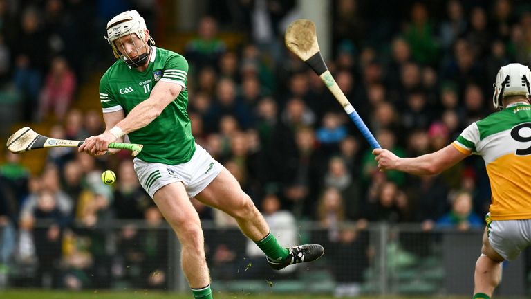 20 March 2022; Cian Lynch of Limerick scores his side's second goal during the Allianz Hurling League Division 1 Group A match between Limerick and Offaly at TUS Gaelic Grounds in Limerick. Photo by Seb Daly/Sportsfile