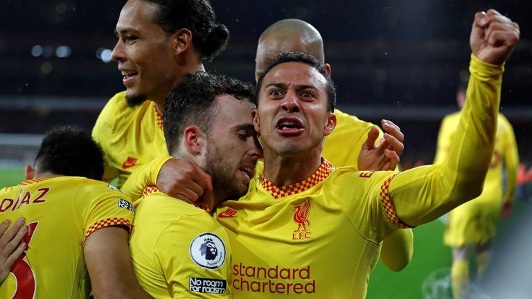 Thiago Alcantara leads the celebrations following Diogo Jota&#39;s opening goal at the Emirates